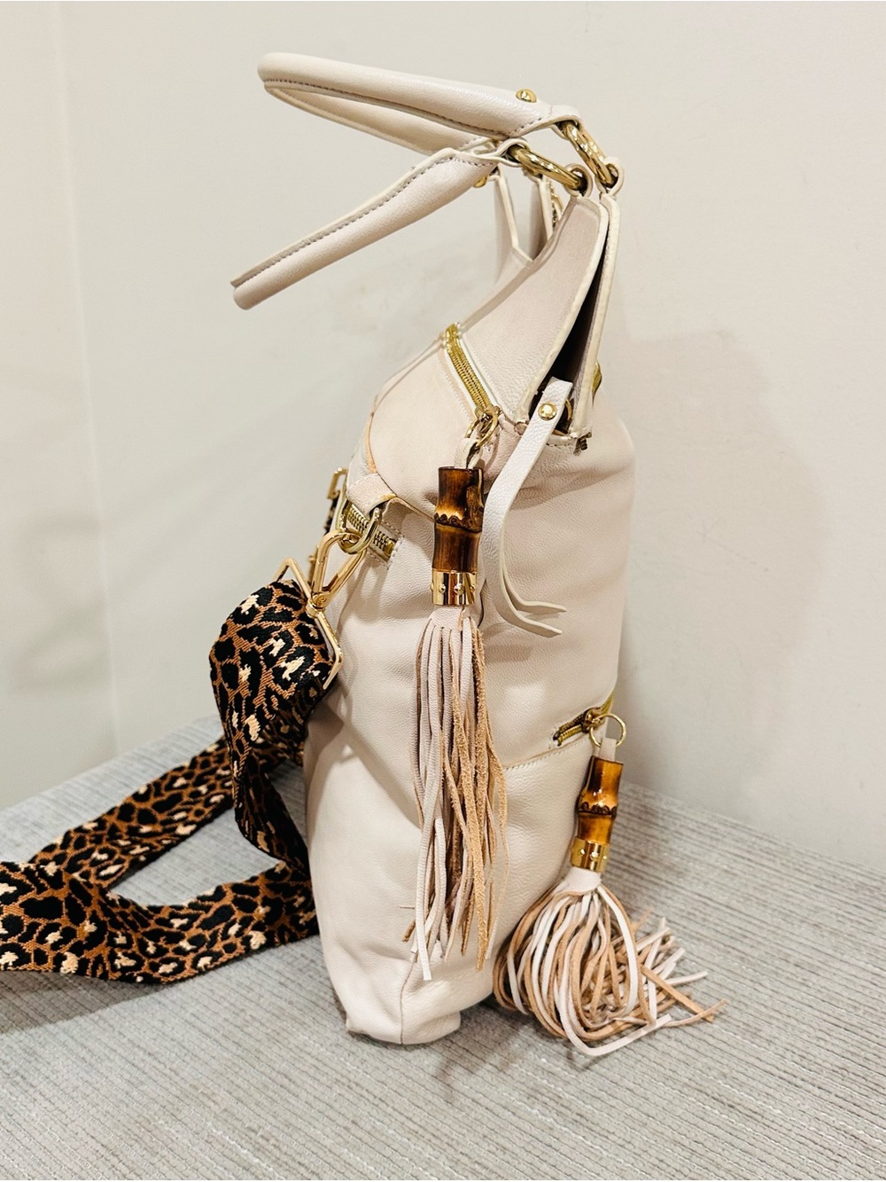 Sorial New York Leather Convertible Backpack Tote Bag Ivory Bamboo Leopard Cream - Picture 9 of 15